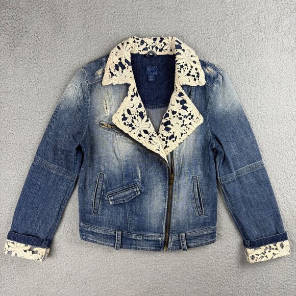Guess Jacket Womens Extra Small XS Blue Sveva Denim Jean Lace Trim Distressed - Picture 1 of 11